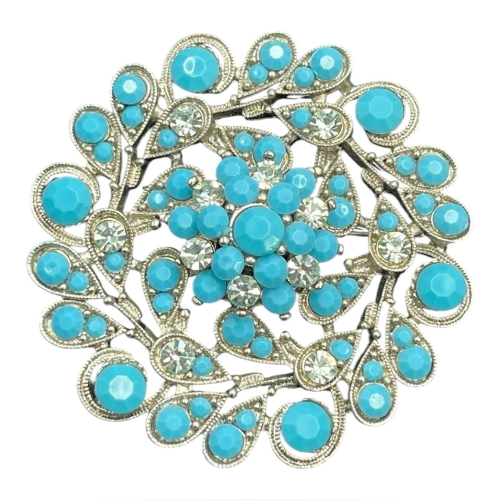 Turquoise Rhinestone and Silver Brooch 2” Blue Wreath Brooch